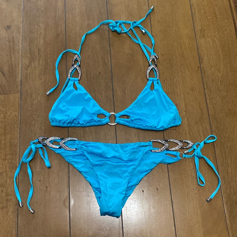 Beach Bunny Bikini “Bows and Arrows” Blue With Embellishments and Rhinestones